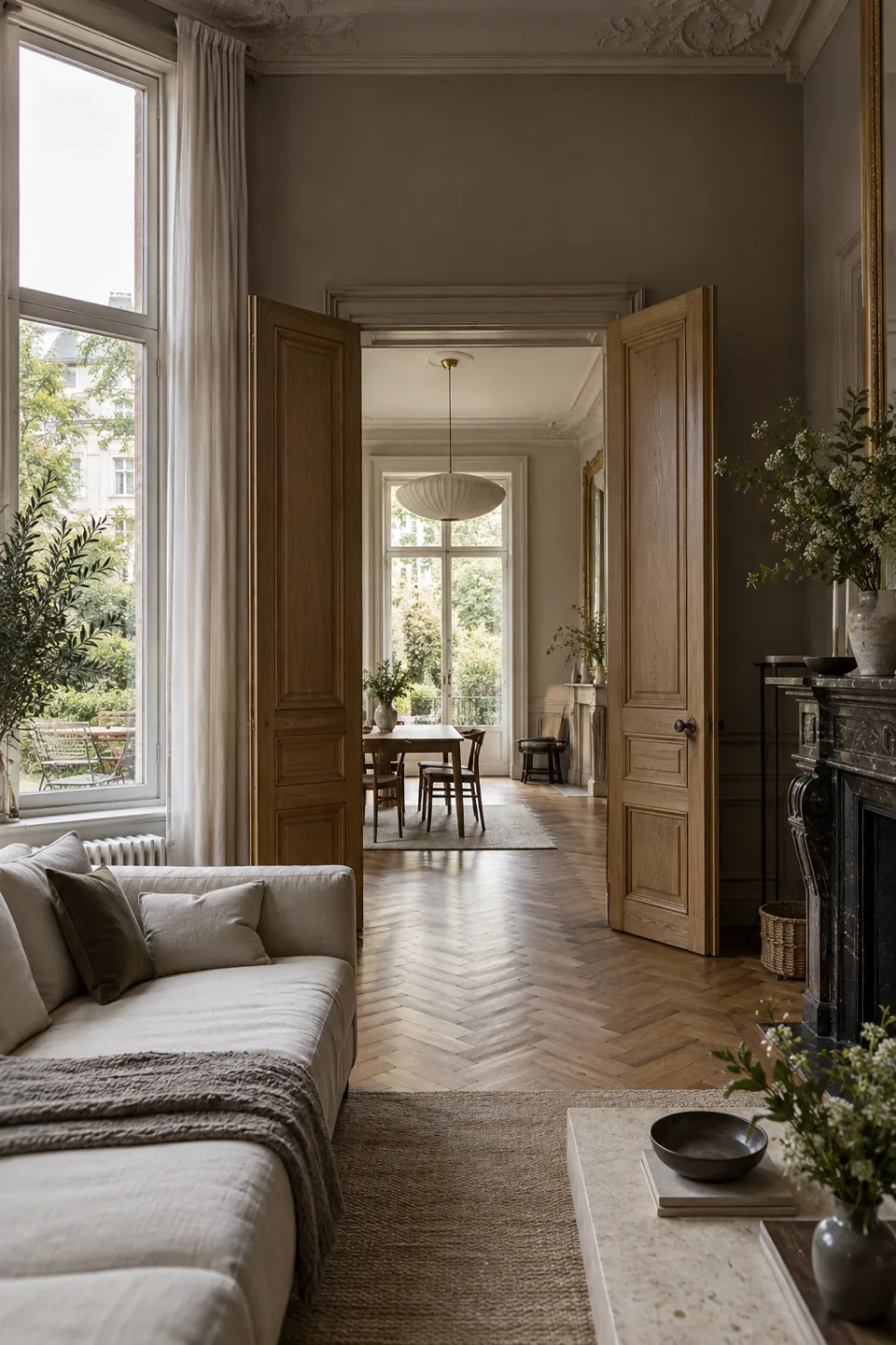 Chaque intérieur a ses particularités Illustration photoréaliste d’un intérieur résidentiel d’inspiration bruxelloise : pièces en enfilade, portes en bois, parquet et hautes fenêtres.